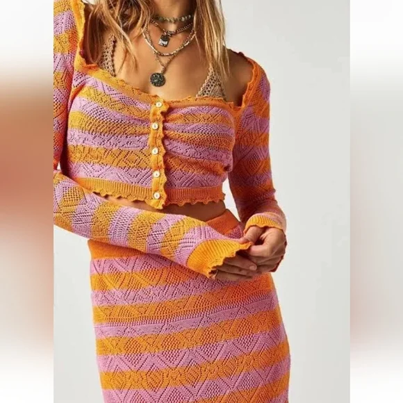 NWT Free People Benny Knit Skirt Set In Pink Orange Size XS - Picture 6 of 7
